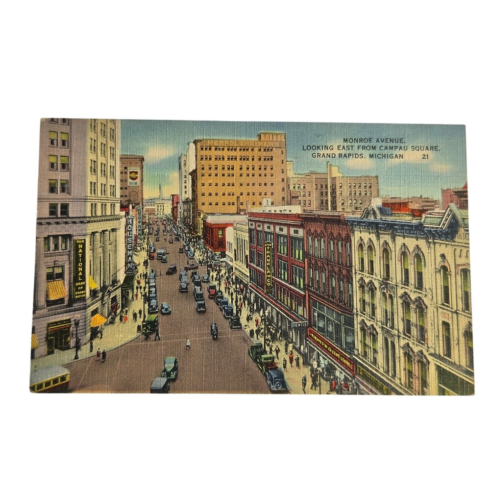 Monroe Avenue Looking East From Campau Square Grand Rapids Michigan Postcard